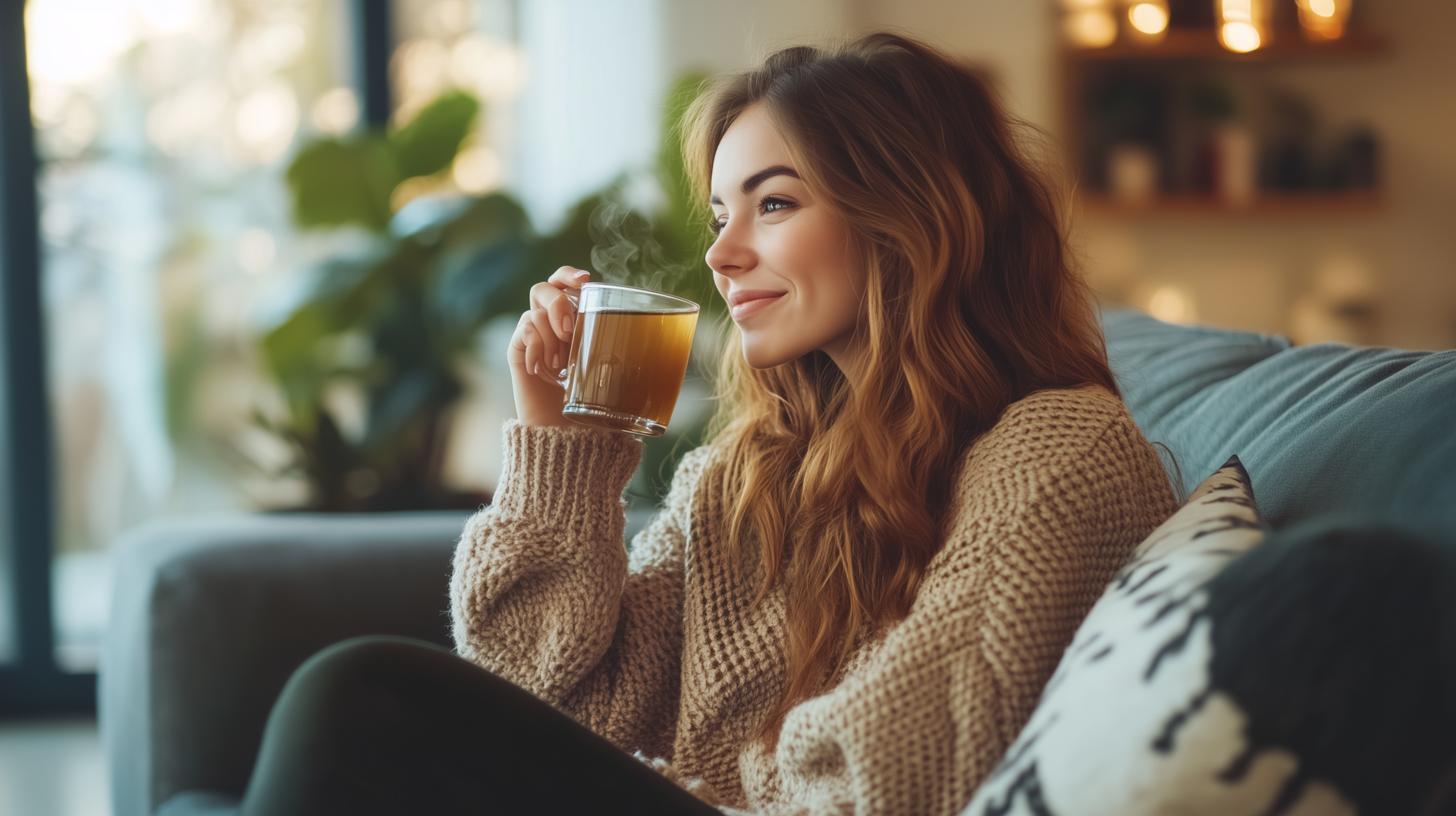 Obrázek zobrazuje mladou usmívající se ženu na gauči, která pije čaj.