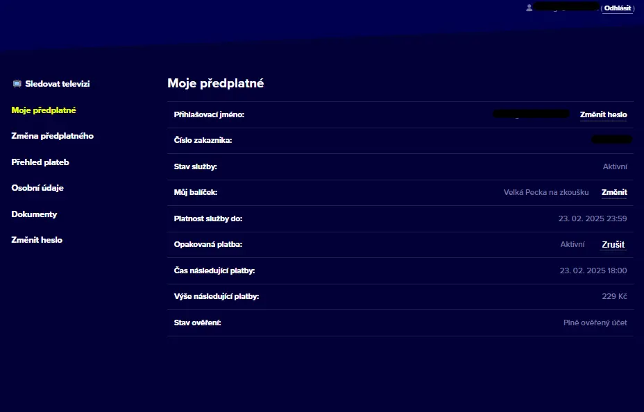 Rozhraní účtu Pecka.TV Rozhraní účtu Pecka.TV