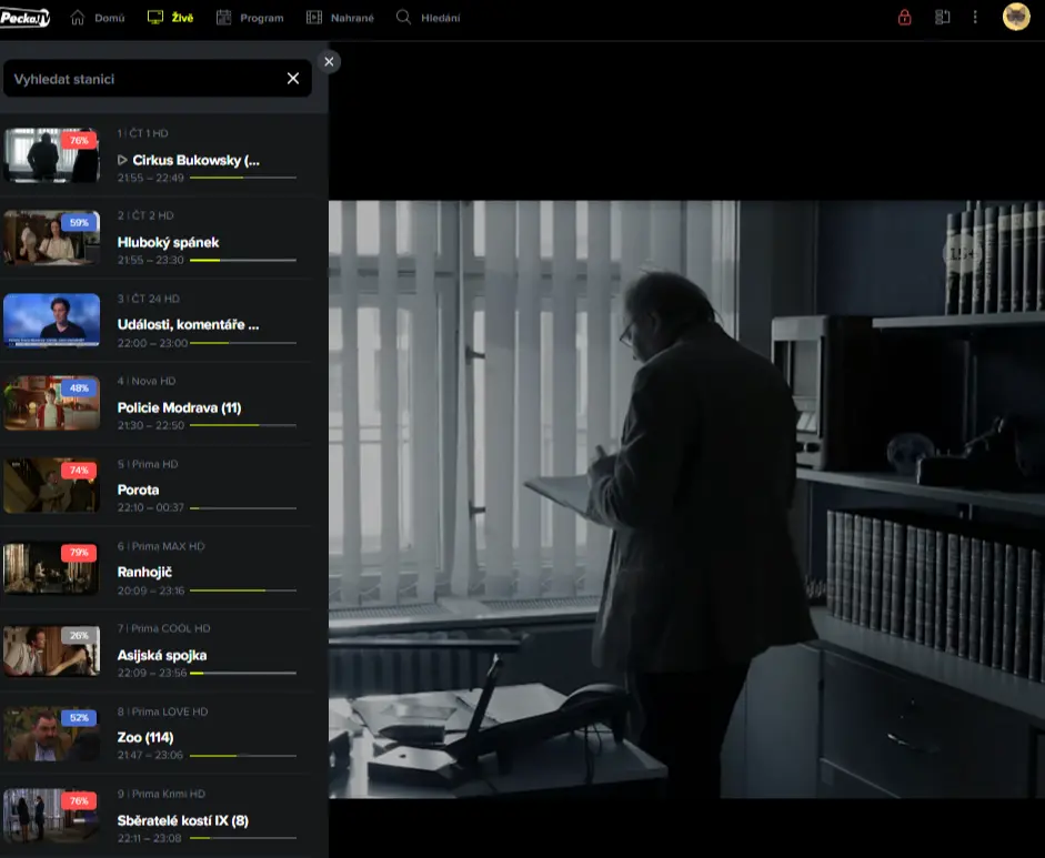 Rozhraní živého vysílání Pecka.TV Rozhraní živého vysílání Pecka.TV