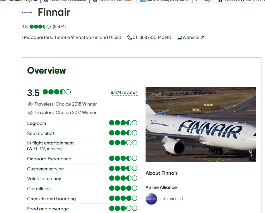 Společnost Finnair dosahuje průměrného hodnocení.