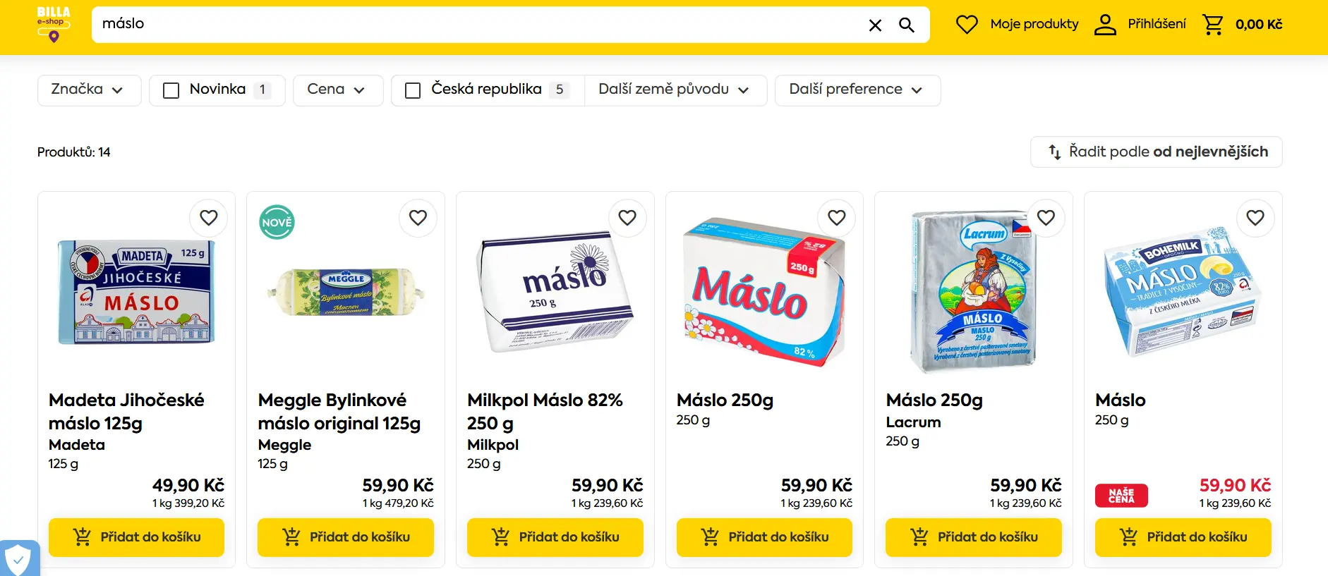 Online nabídka másla v online obchodu Billa