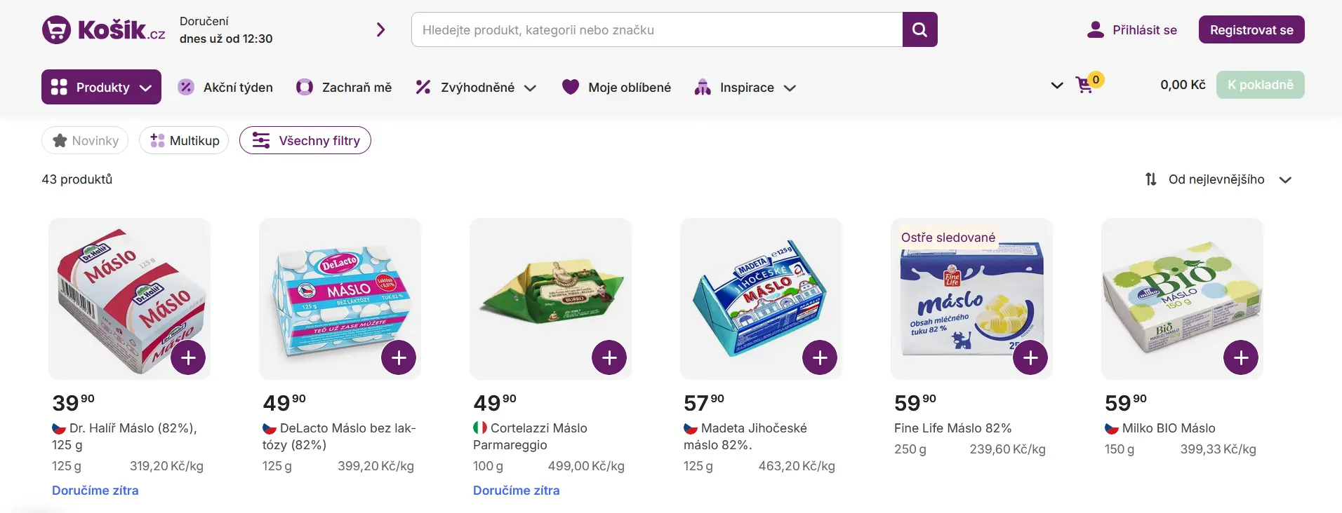 Online nabídka másla v online obchodu Košík