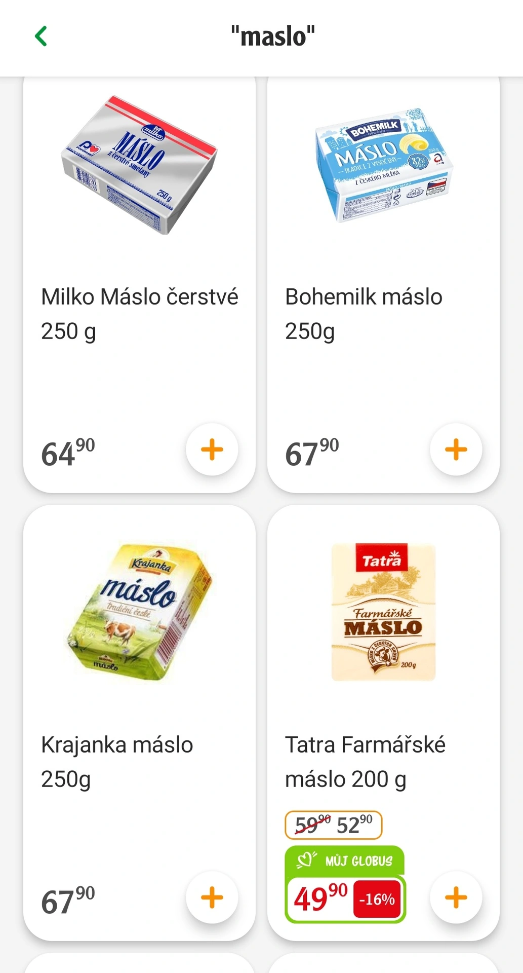 Vyhledání másla v aplikaci Globus
