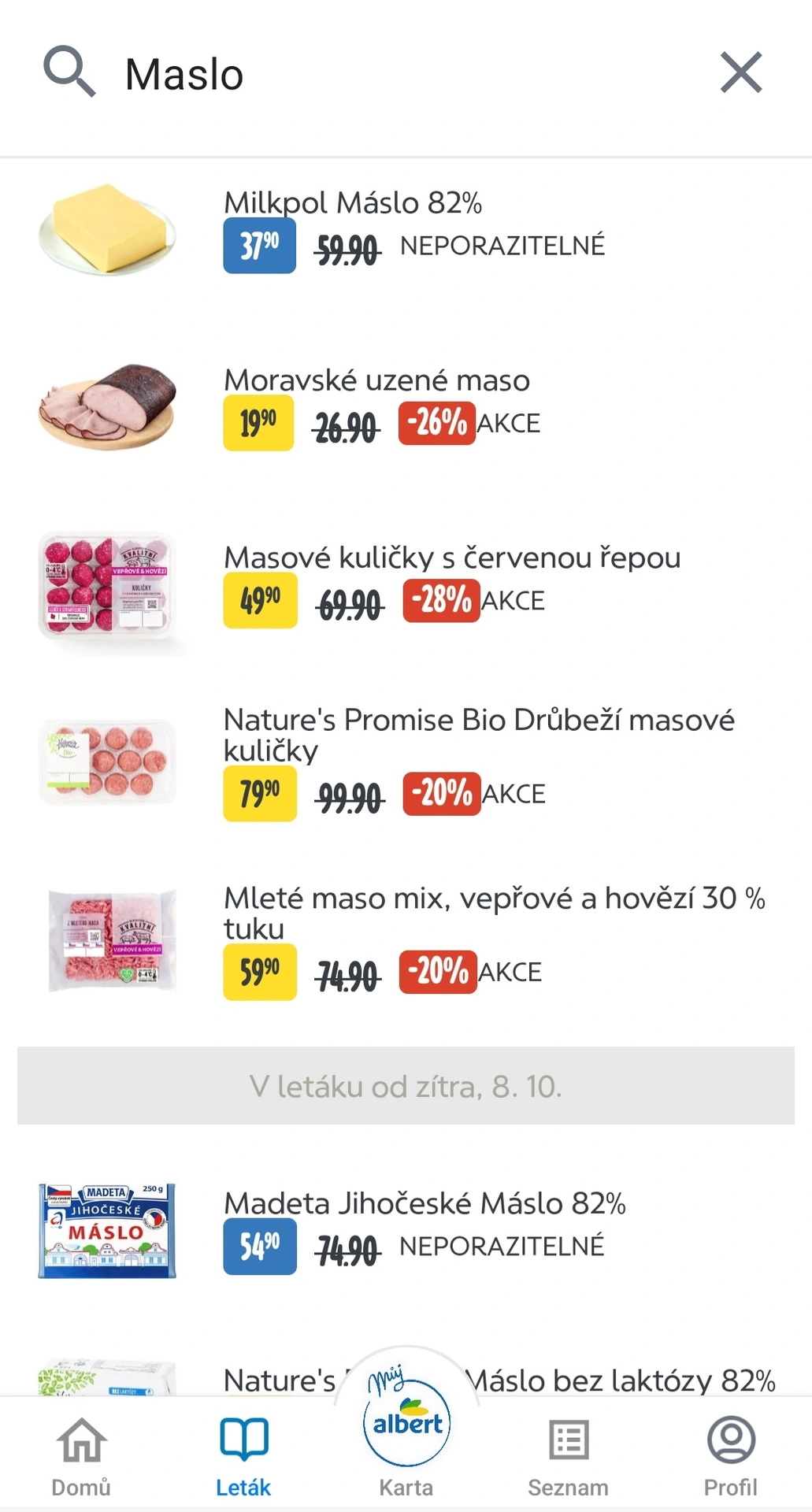 Vyhledání másla v aplikaci Albert