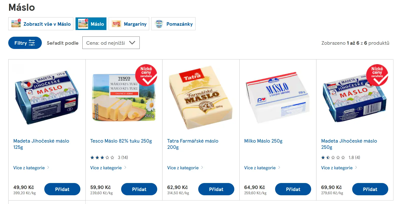 Online nabídka másla v online obchodu Tesco