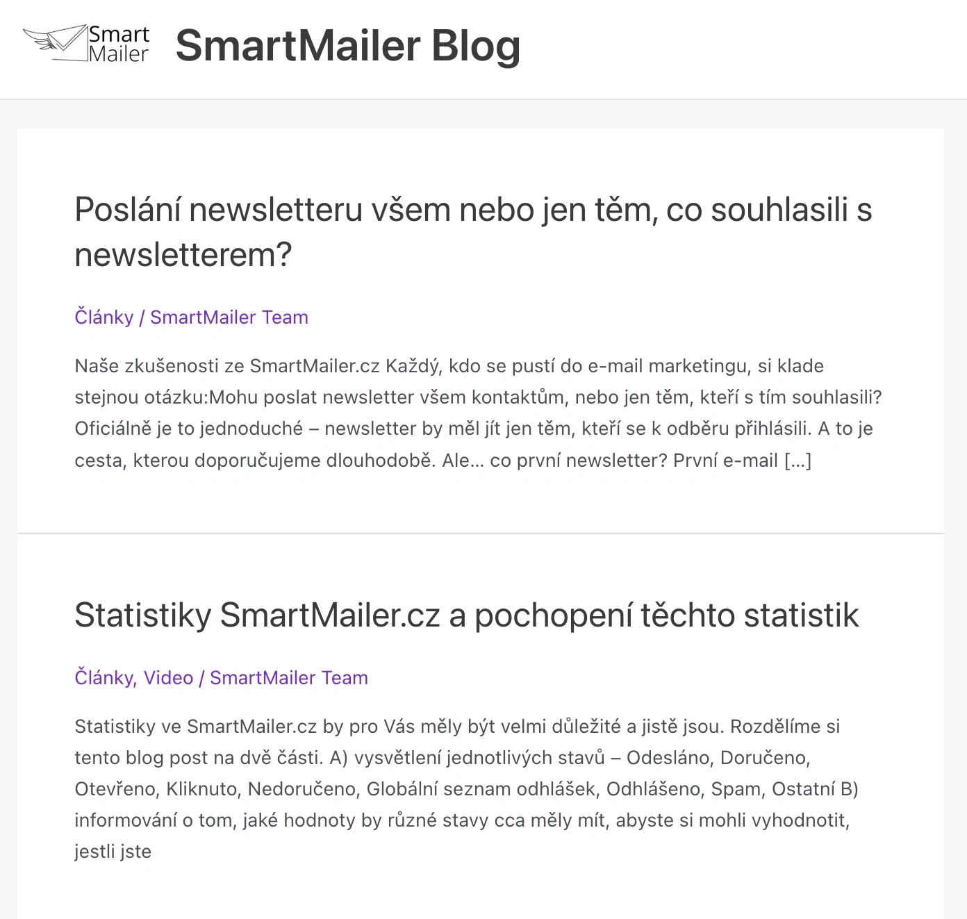 SmartMailer provozuje vlastní blog s návody a tipy Ukázka blogu SmartMailer s články