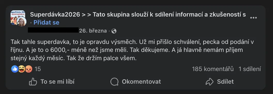 Příspěvek z facebookové skupiny Superdávka2026, ve kterém uživatelka popisuje snížení dávky o 6 000 Kč po přechodu na nový systém.