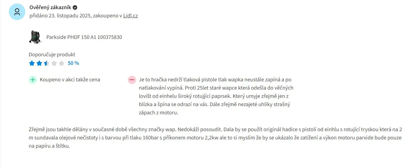 recenze - vysokotlaký čistič PHDF 150 A1.