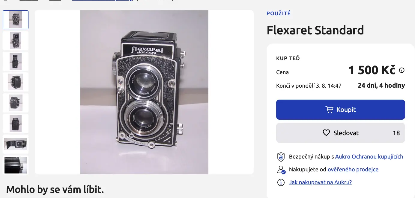 Na internetových aukčních portálech se model Flexaret Standard běžně prodává za 1 500 Kč.