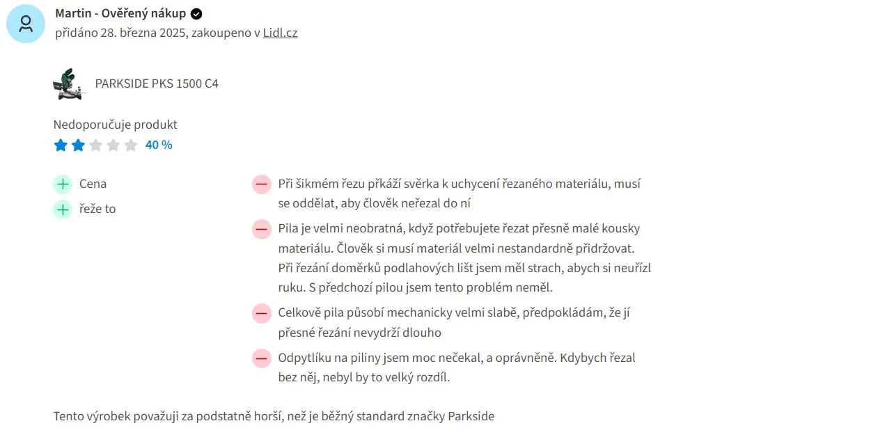 Zákazník hodnotí výrobek