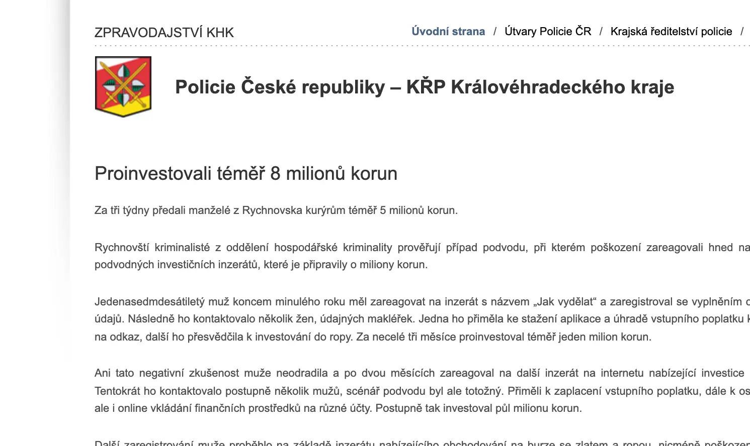 Policejní zpráva ke kauze manželů z Rychnovska
