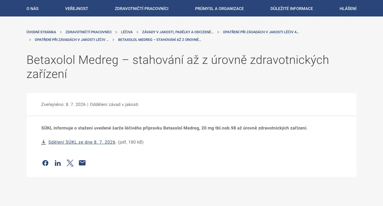 Oznámení SÚKL o stažení šarže přípravku Betaxolol Medreg 20 mg