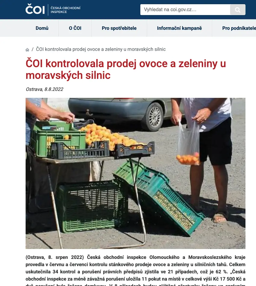 Screenshot tiskové zprávy ČOI o kontrole stánkového prodeje ovoce a zeleniny u silnic
