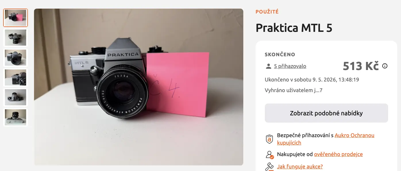 Praktica MTL 5 s objektivem Pentacon se prodala za 513 Kč.