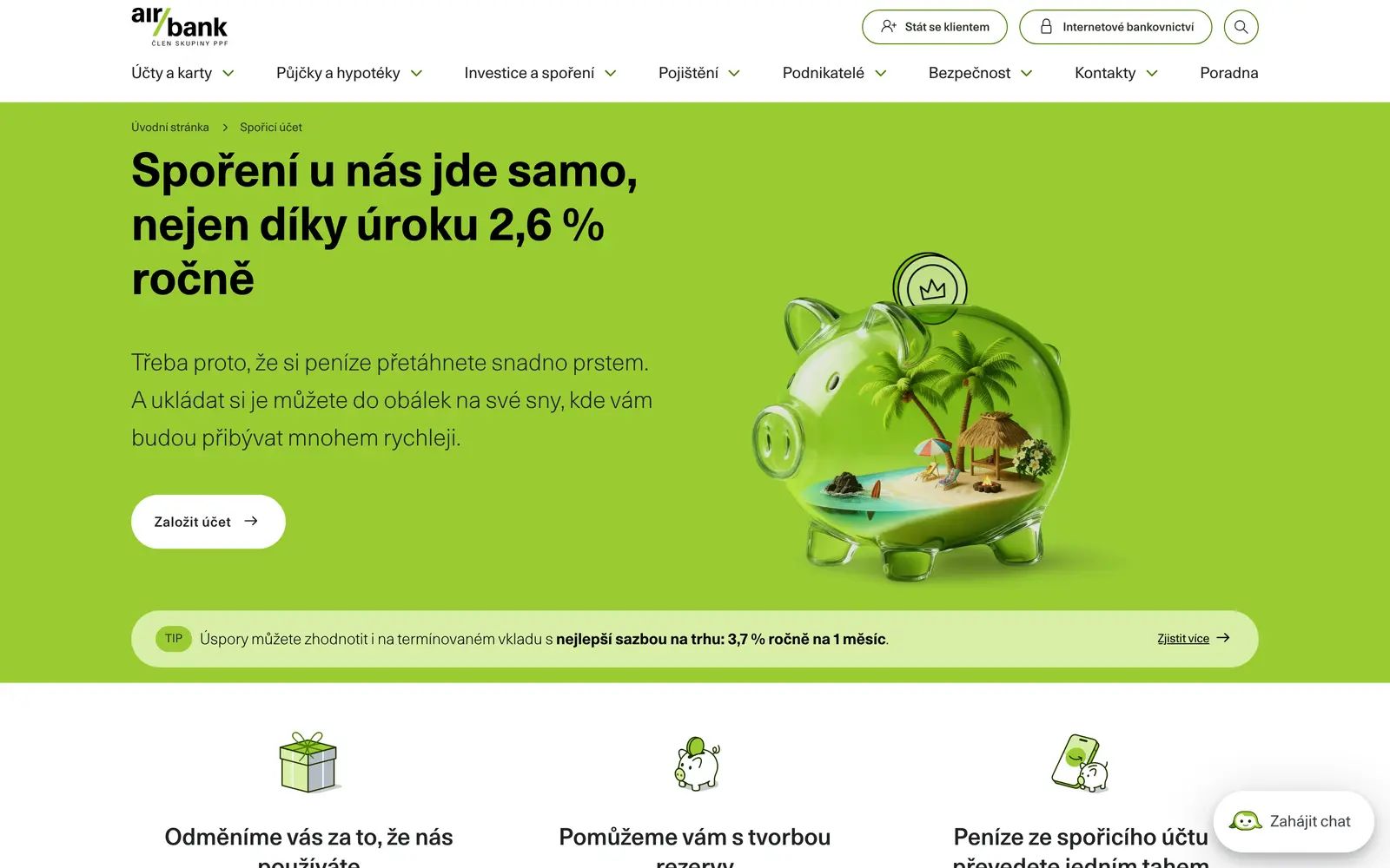 Stránka spořicího účtu Air Bank s úrokem 2,6 procenta ročně