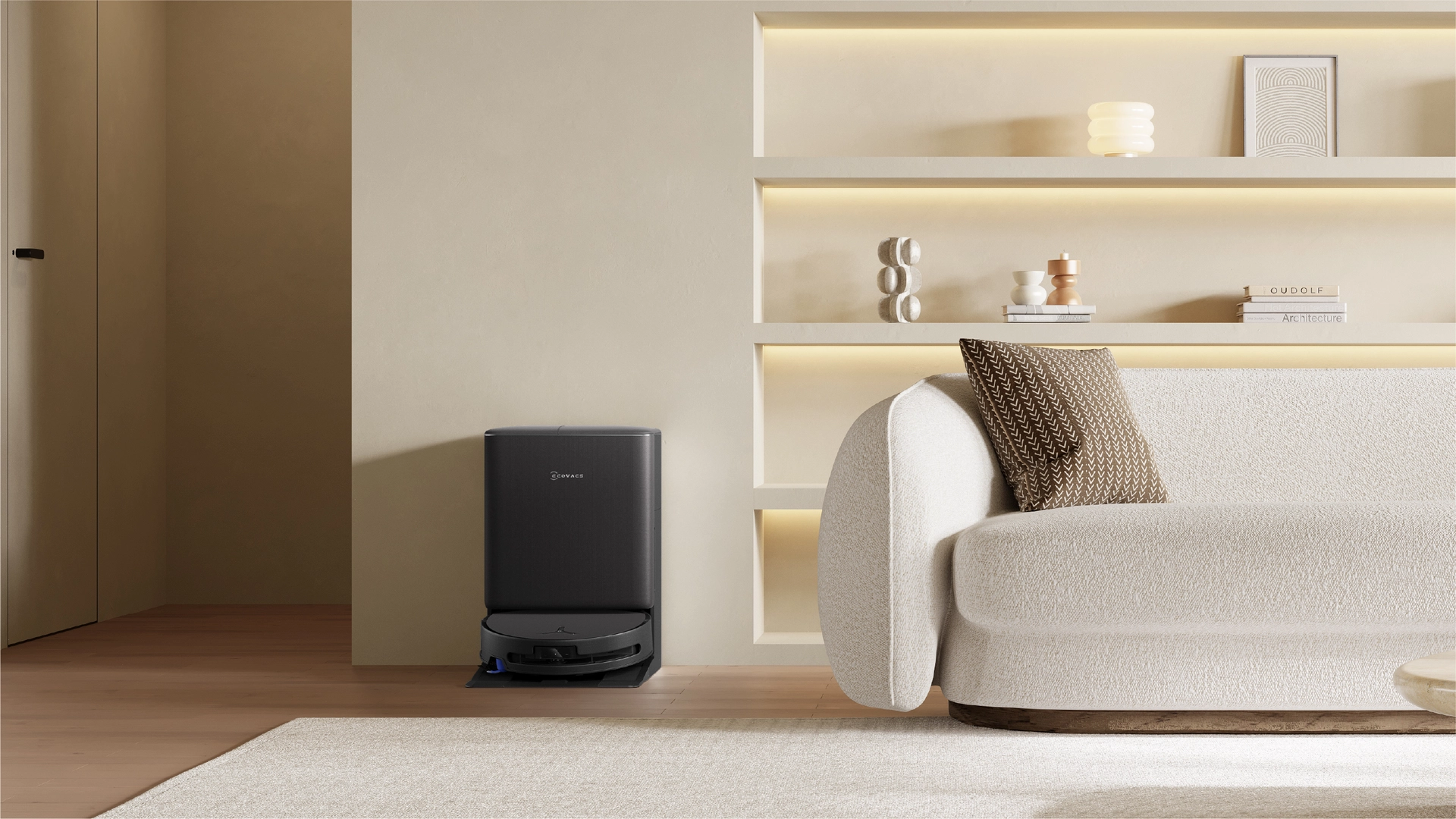 Samočisticí stanice Omni robotického vysavače Ecovacs Deebot T90 PRO Omni v obývacím pokoji
