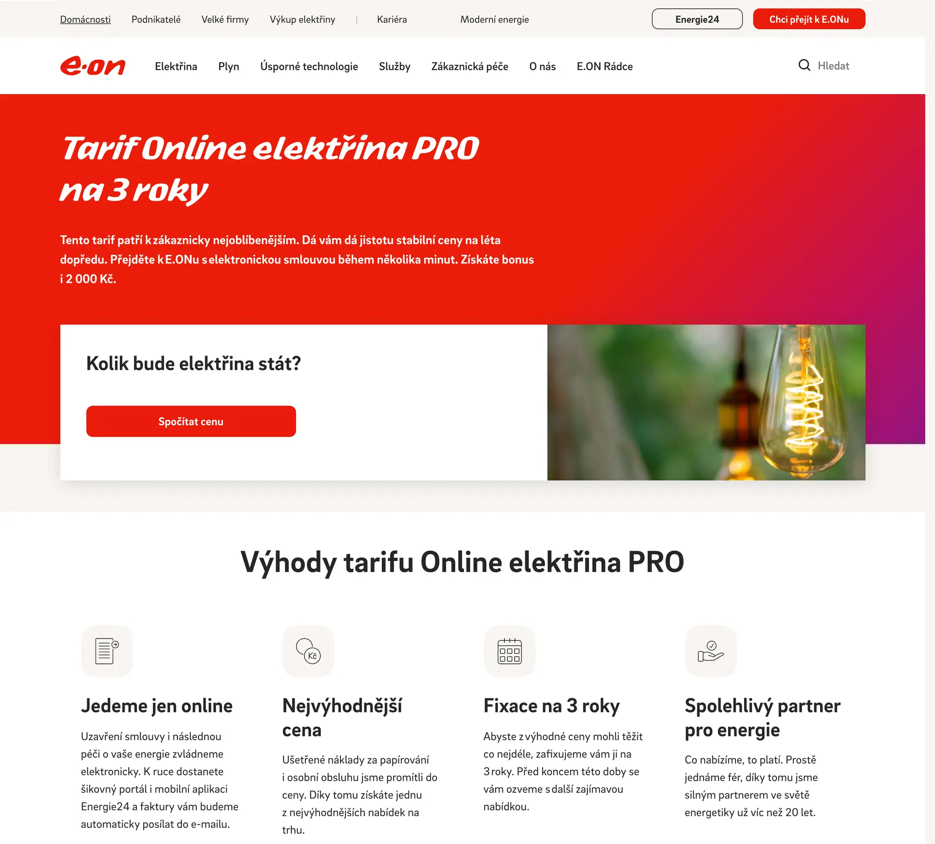 Stránka tarifu E.ON Online elektřina PRO na 3 roky