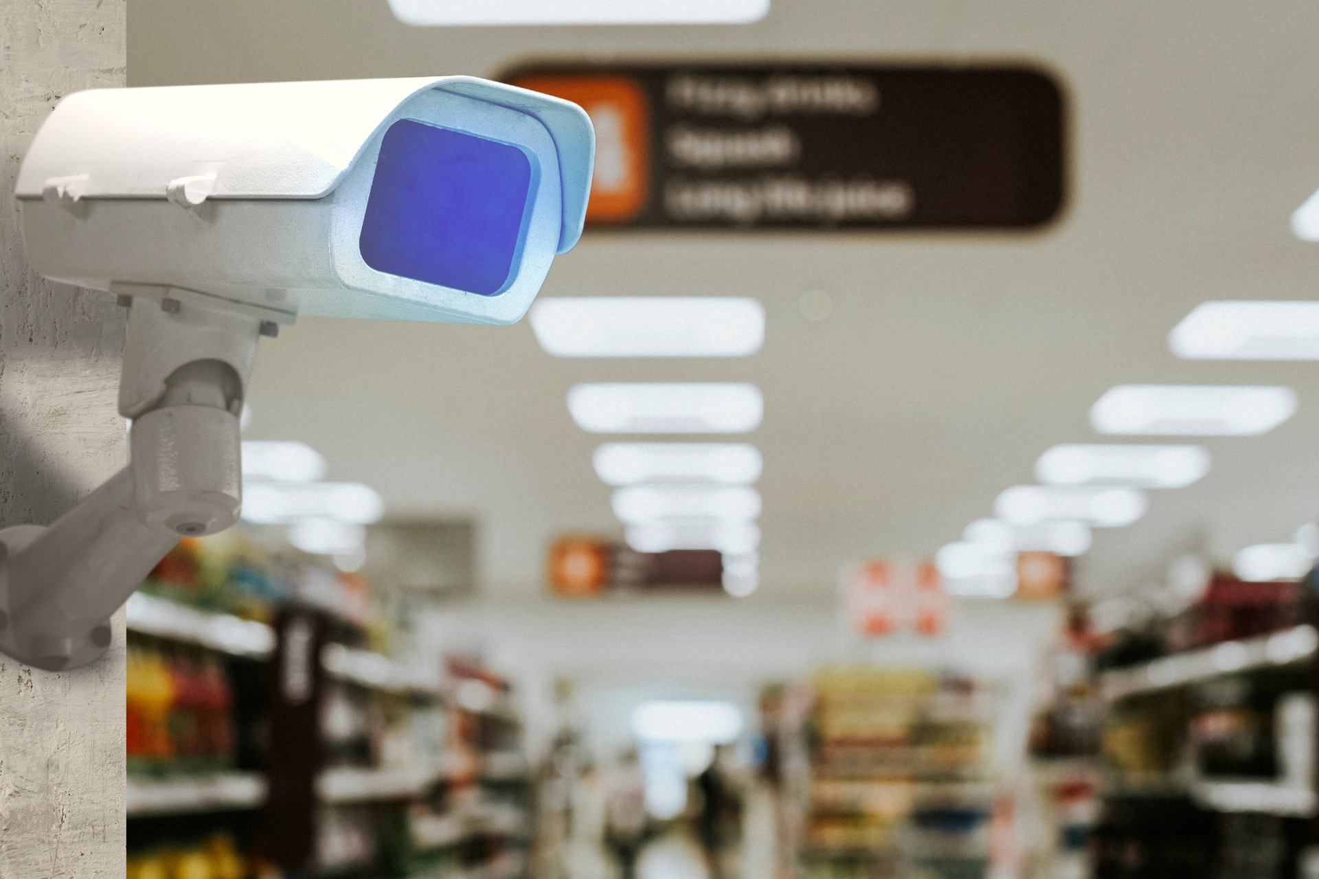 Bezpečnostní kamera nad prodejnou supermarketu