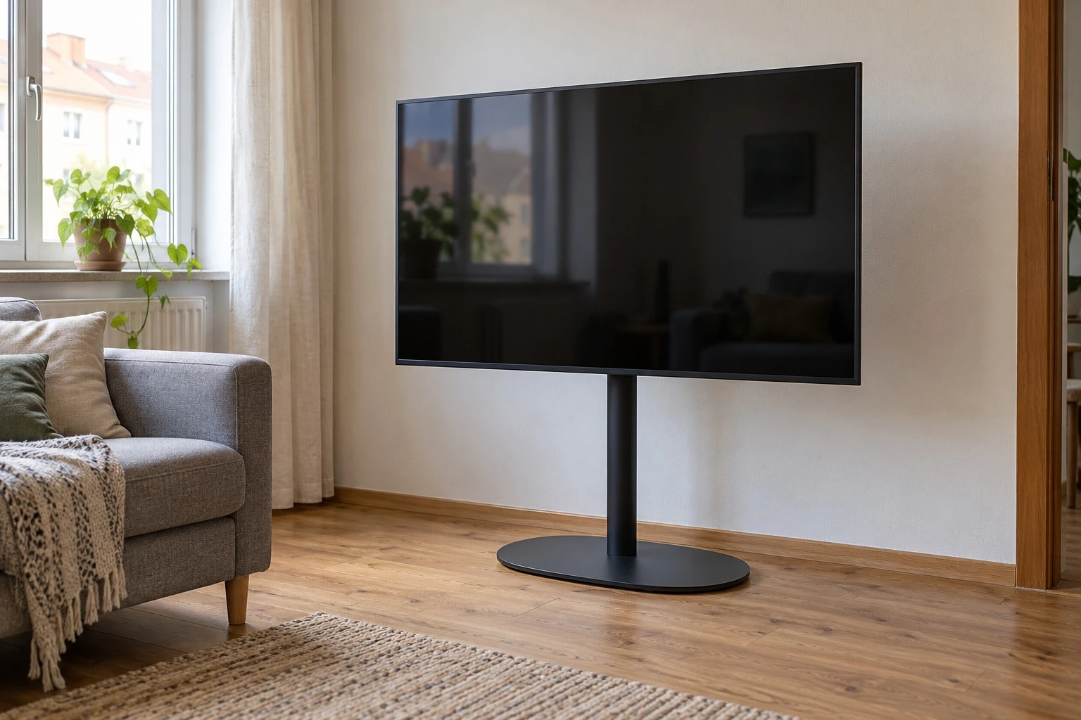 AI vizualizace televize na černém podlahovém stojanu se širokým podstavcem