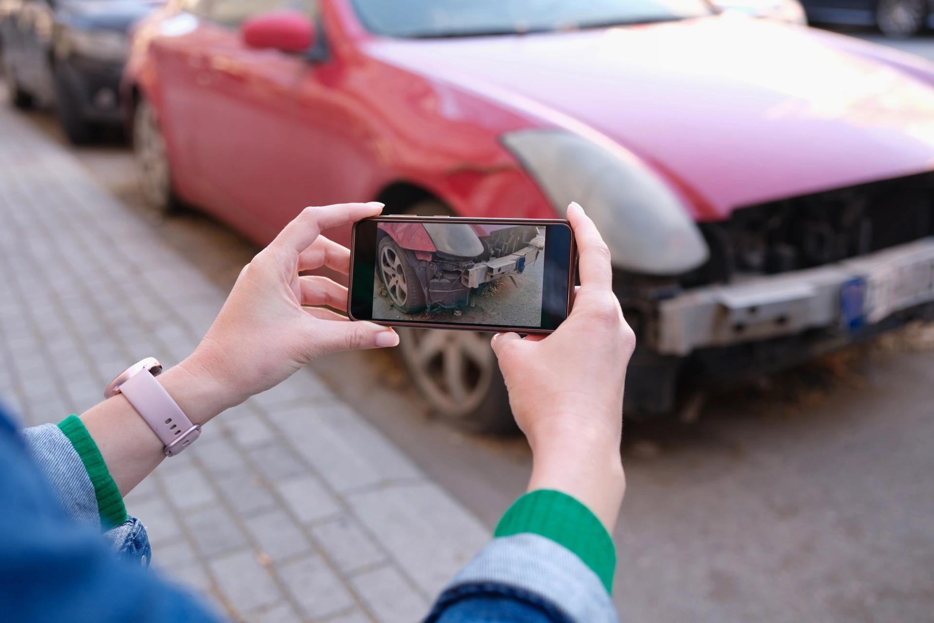 Ruce fotí mobilem poškozenou příď auta