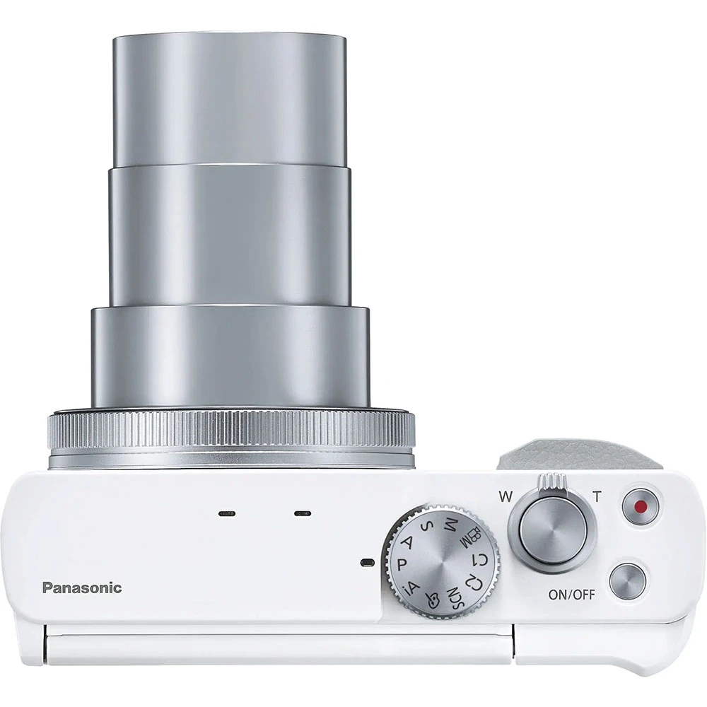 Bílý Panasonic Lumix DC-TZ99 shora s vysunutým objektivem