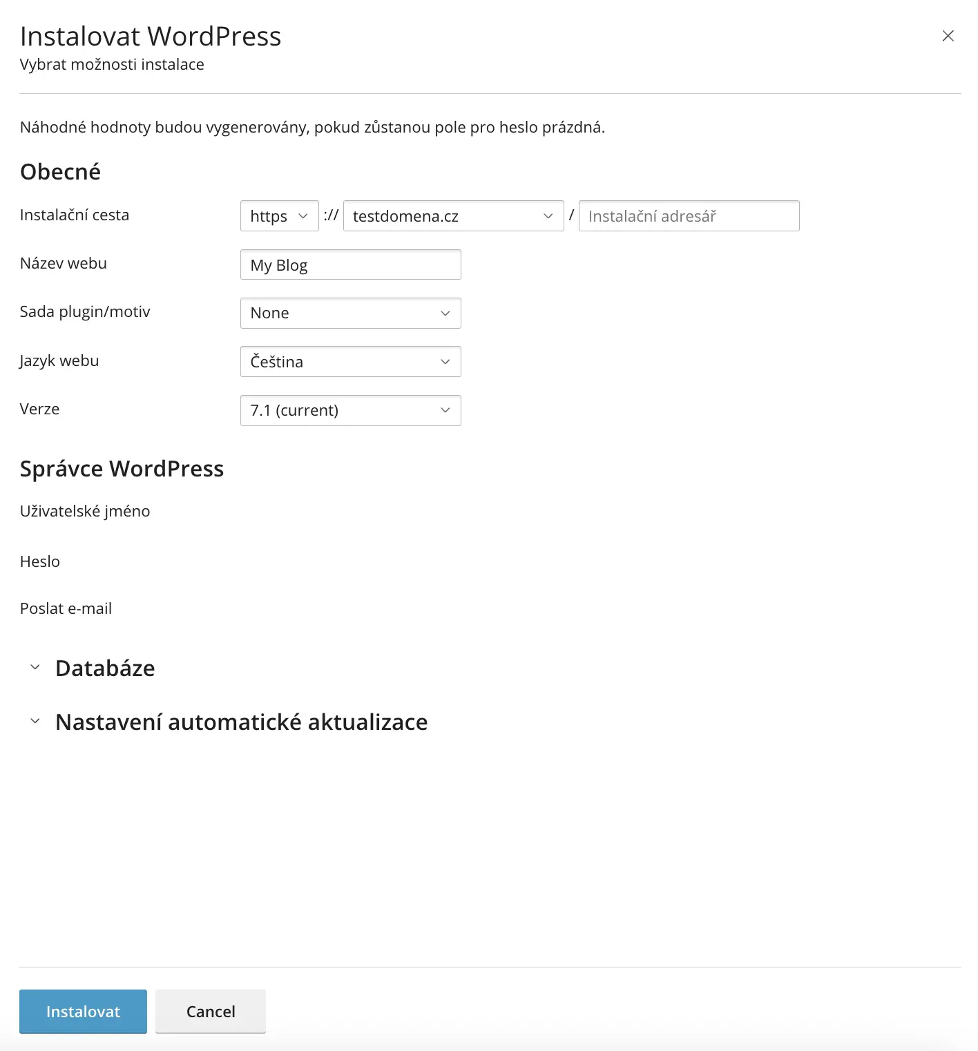 Před instalací WordPressu lze zvolit doménu, jazyk, verzi systému i další základní nastavení.